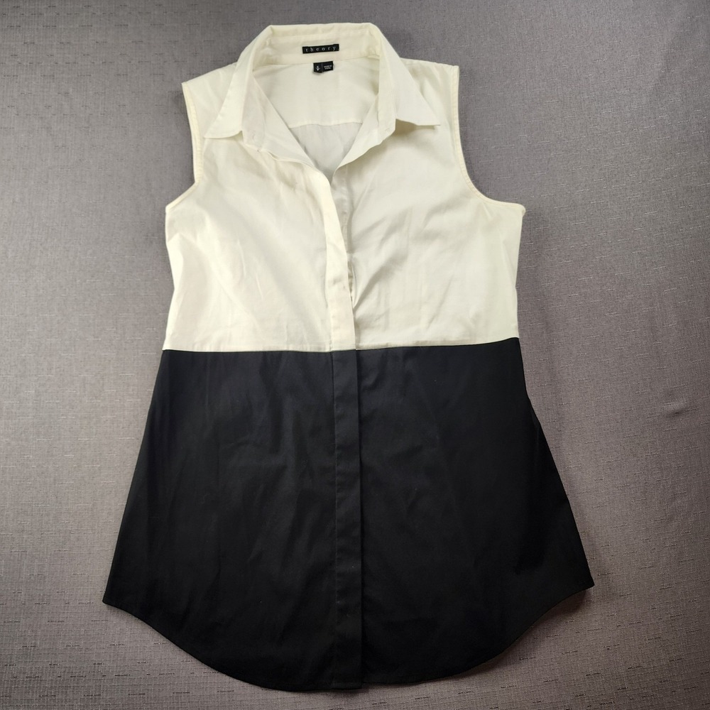 Theory Womens Black White Colorblock Sleeveless Button Down Shirt Top Size Small